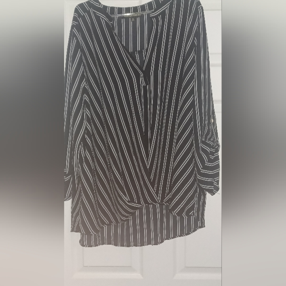Black and White Striped Women's Draped Blouse